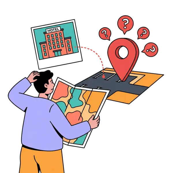 Person confused looking at a map with a pin in the wrong location