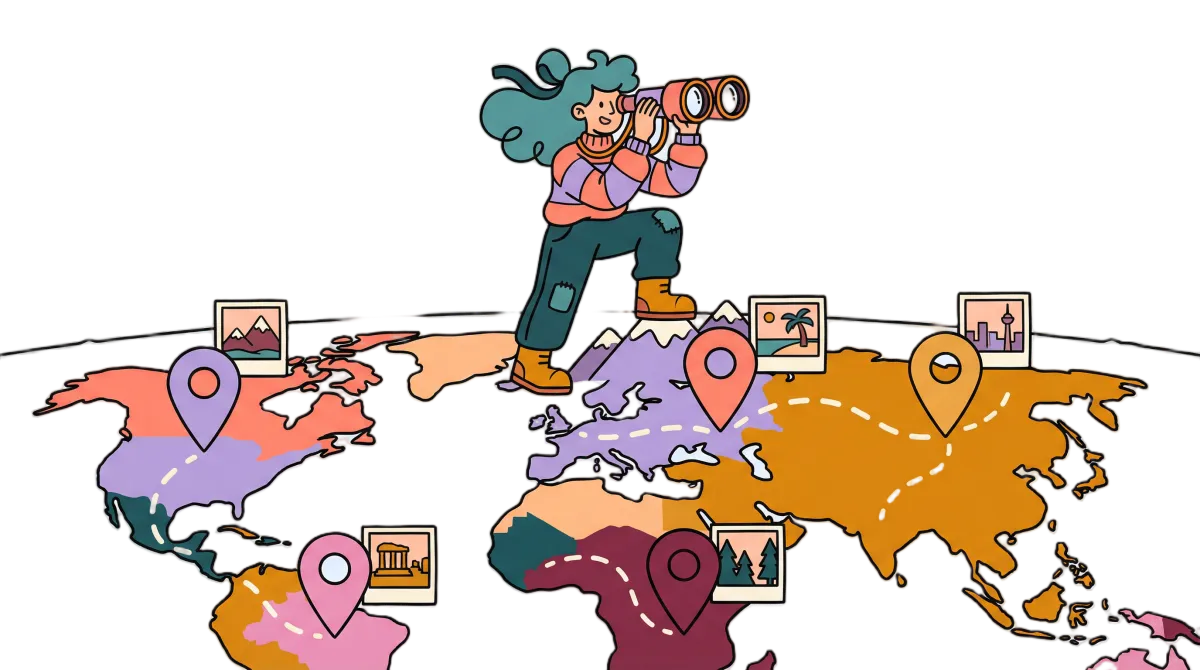 See photos on a map — person exploring a world map with photo pins