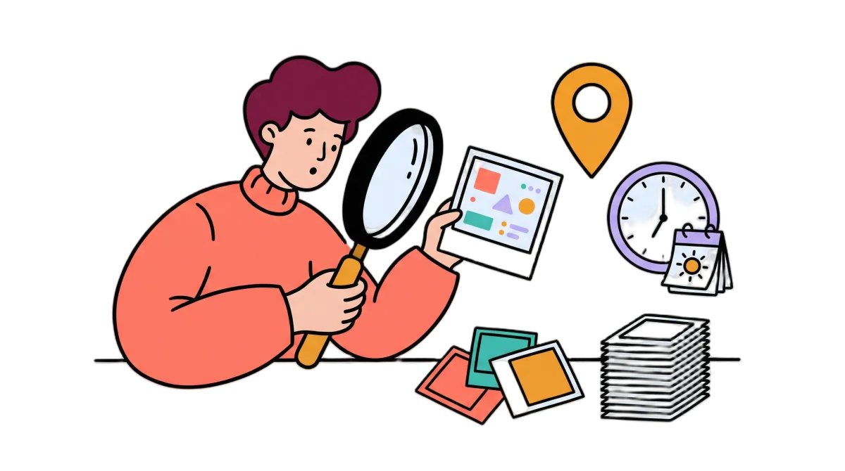 Edit photo metadata with Viallo — magnifying glass examining photo details