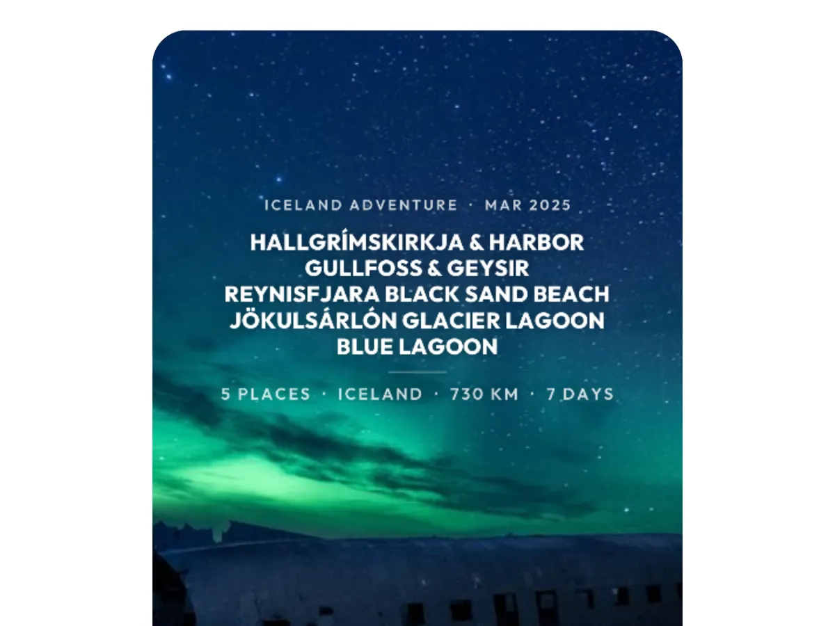A trip sticker with its places, days and kilometers laid over an Instagram story photo