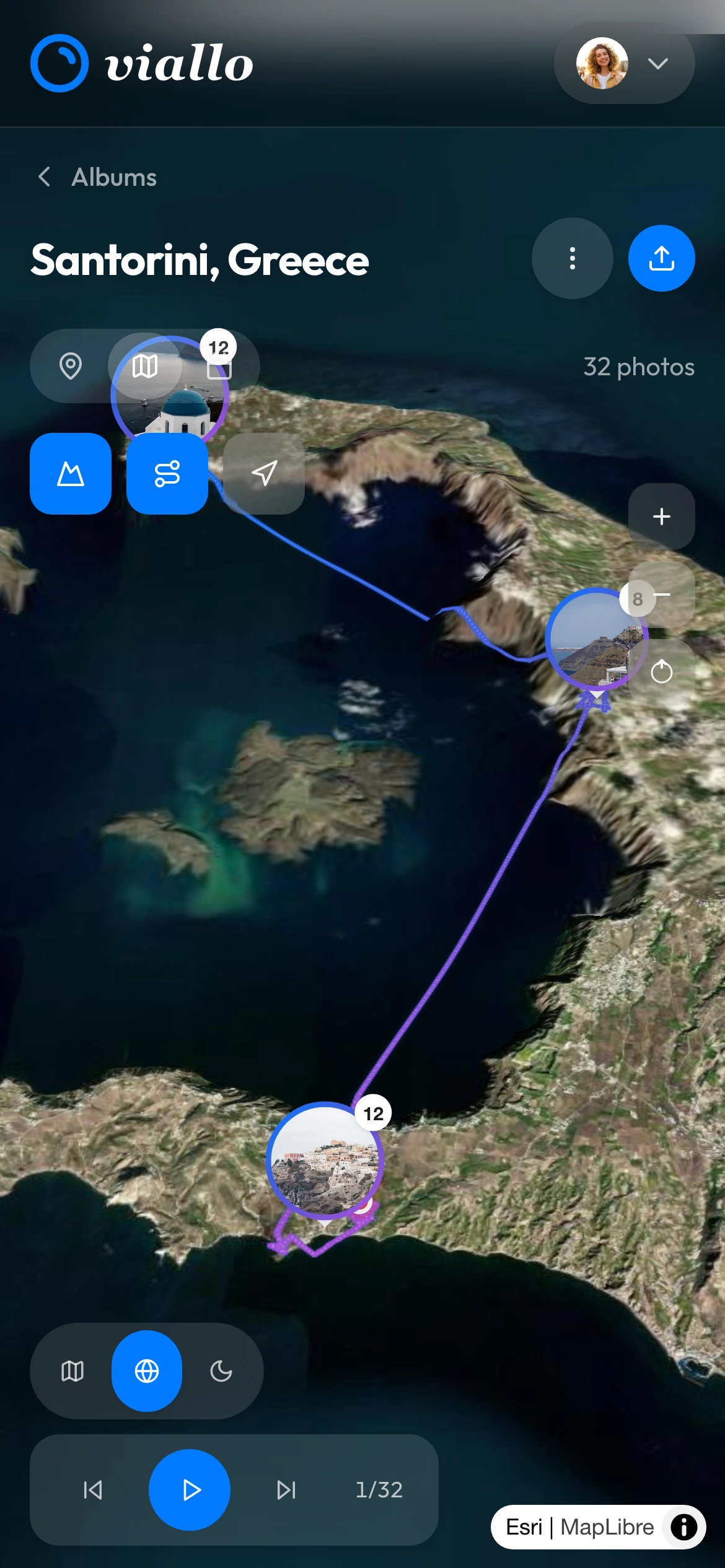 Interactive map view showing photo locations and travel route